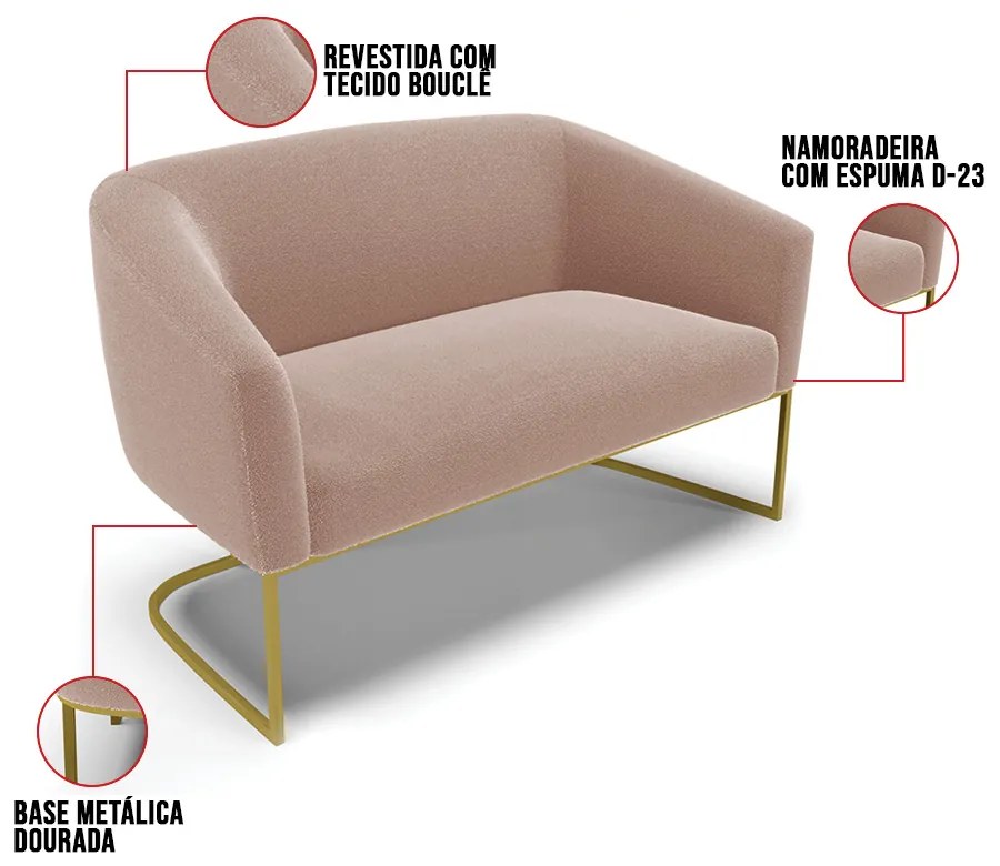 Sofá 2 Lugares Namoradeira Industrial Dourado Stella Bouclê D03 - D'Rossi - Rose