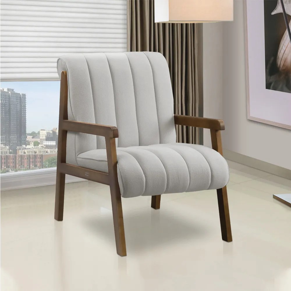 Poltrona Decorativa para Sala Base de Madeira Daline Bouclê Cinza Claro E03 - D'Rossi