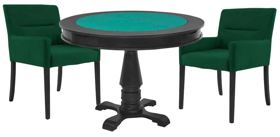 Mesa de Jogos Carteado Victoria Redonda Tampo Reversível Preto com 2 Cadeiras Vicenza Suede Verde G36 G15 - Gran Belo