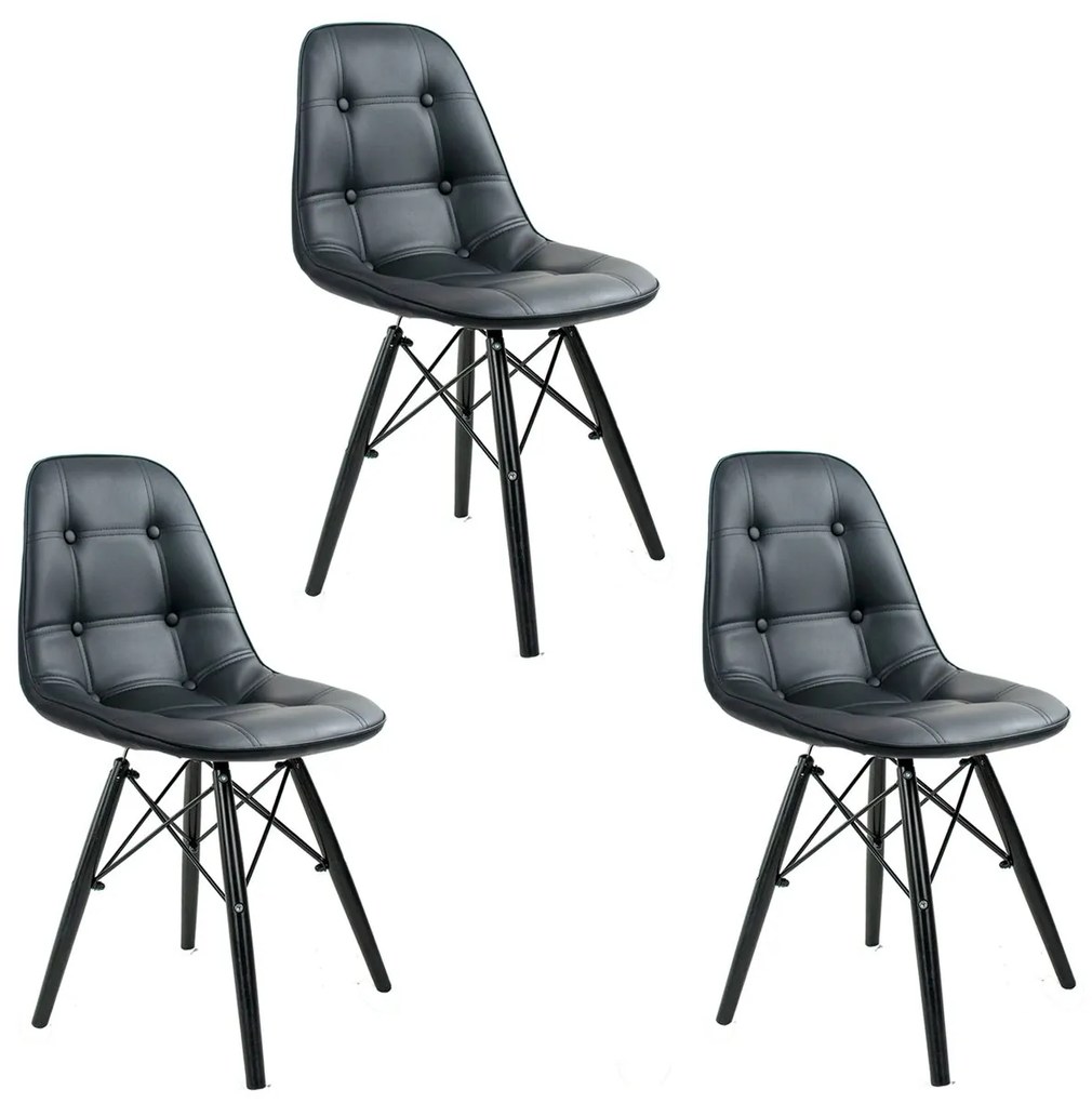 Conjunto 3 Cadeiras Botonê Preta Com Pé Preta DSW - Empório Tiffany