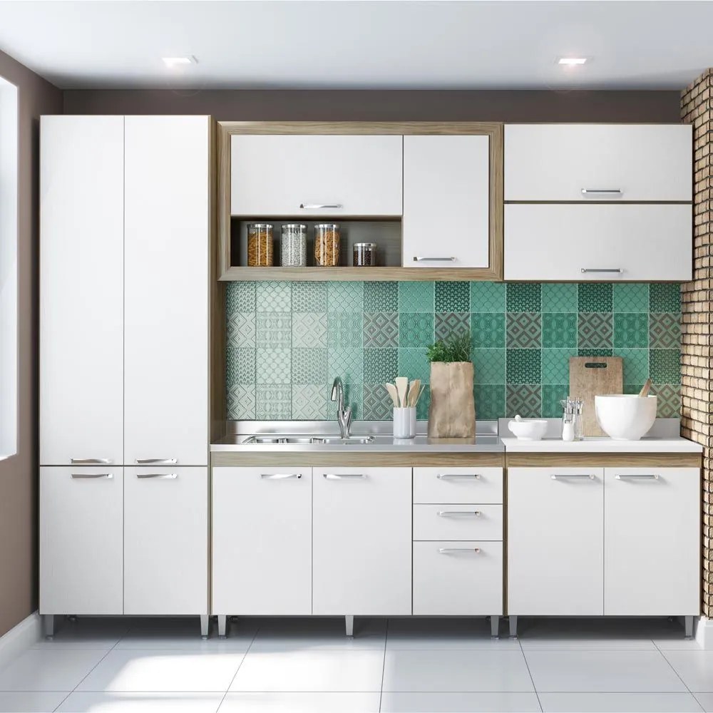 Cozinha Compacta 12 Portas Balcão Tampo Branco 5718 Branco/Argila - Multimóveis