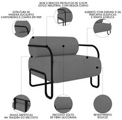 Poltrona Decorativa para Sala Industrial Kit 2 Kira K04 Bouclê Cinza -