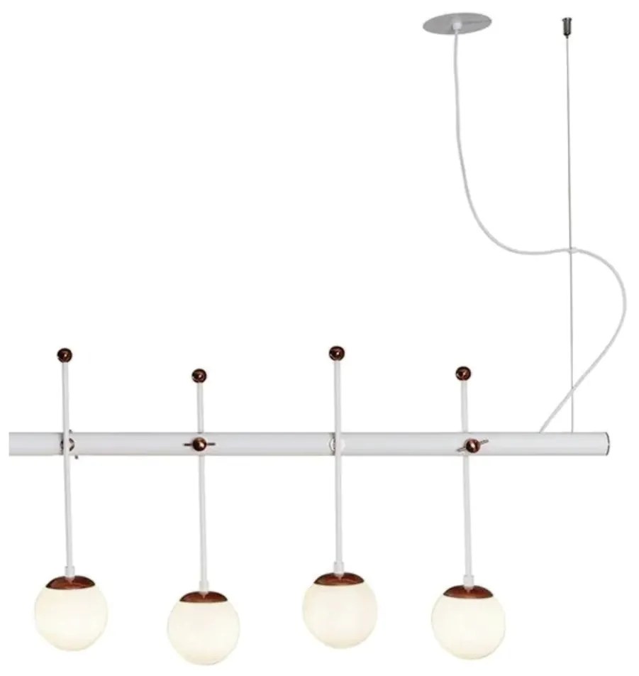 Pendente Varal 42X180X20Cm 08Xg9 Globo Ø12Cm - Usina 50000/8 (BT / CB-P - Branco Texturizado / Cobre Brilho Polido, Cristal (Transparente))