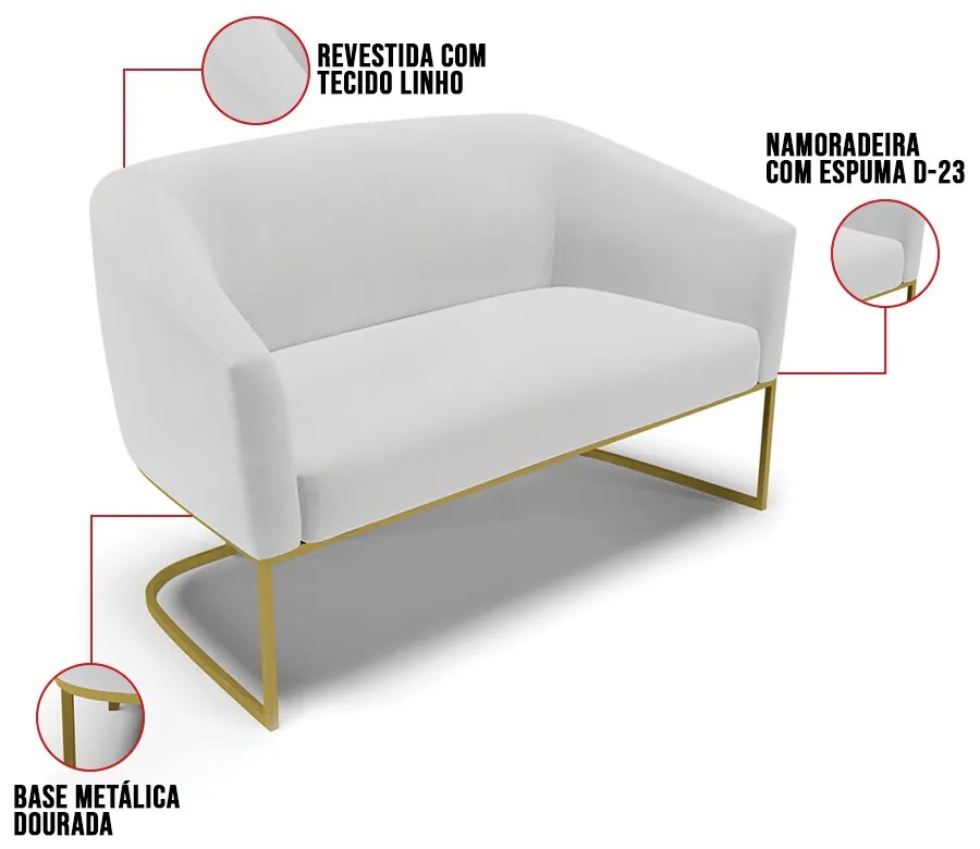 Sofá 2 Lugares Namoradeira Industrial Dourado Stella Linho D03 - D'Rossi - A05 Cinza