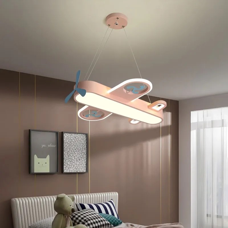 Lustres infantil avião moderno conduziu a lâmpada pingente para o quarto das crianças em casa crianças bebê meninos avião pendurado lustre de teto decoração luminária - Azul-Bebê - Dia550mm | Branco quente