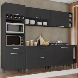 Armário de Cozinha Com Tampo CP07 260cm Pérola Preto Z34      - Mpozen