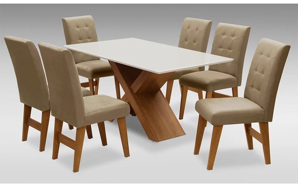 Conjunto Mesa de Jantar com 06 Cadeiras Agata 160cm Cedro/Branco Off/Mascavo - ADJ DECOR