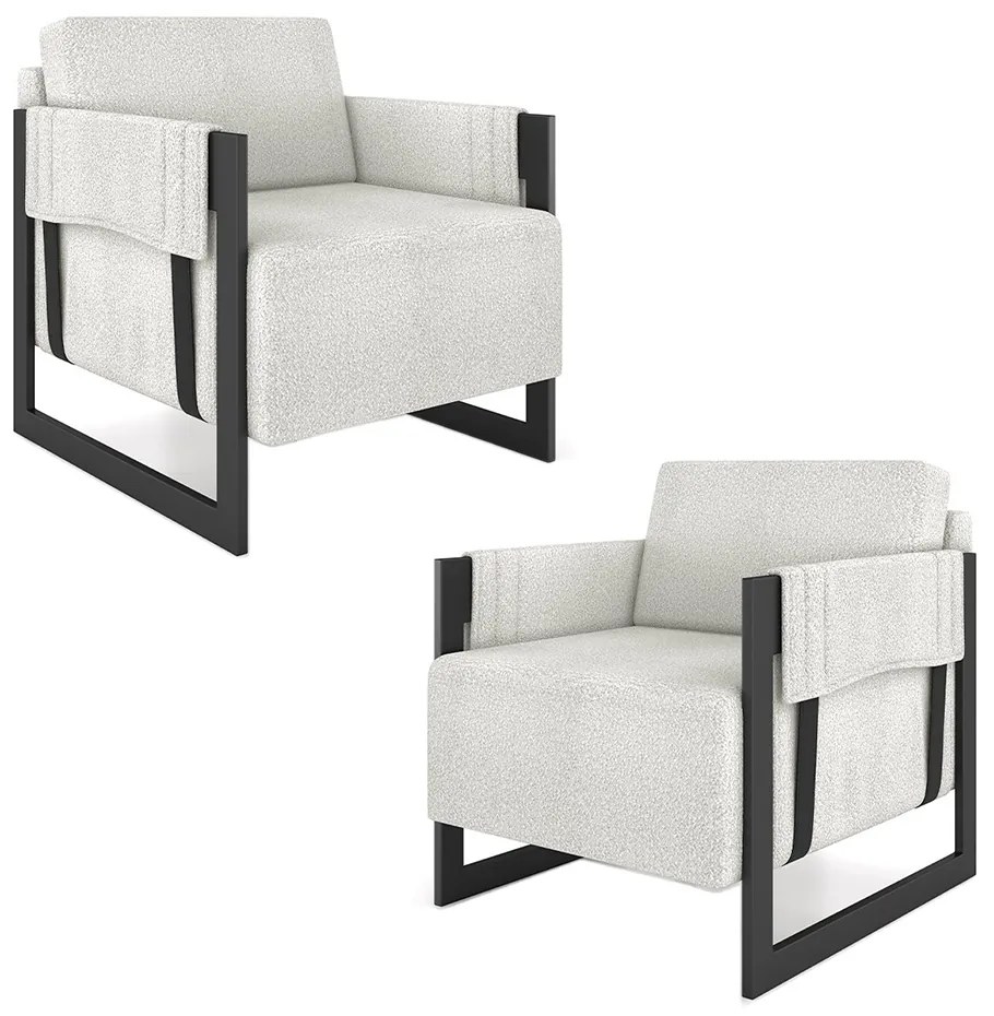 Kit 2 Poltronas Decorativa Sala de Estar Moria Base em Ferro Bouclê Preto/Cinza G33 - Gran Belo