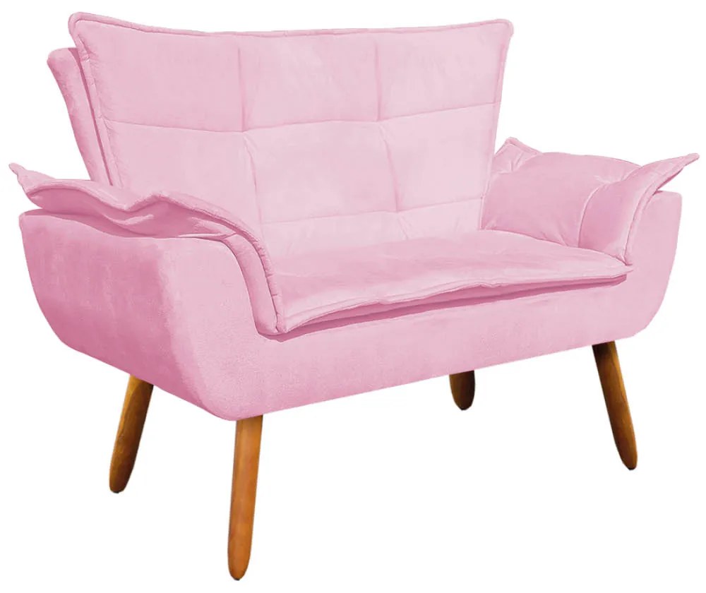 Sofá 2 Lugares Namoradeira Pé Palito Castanho Opala Suede Rosa Bebê D03 - D'Rossi