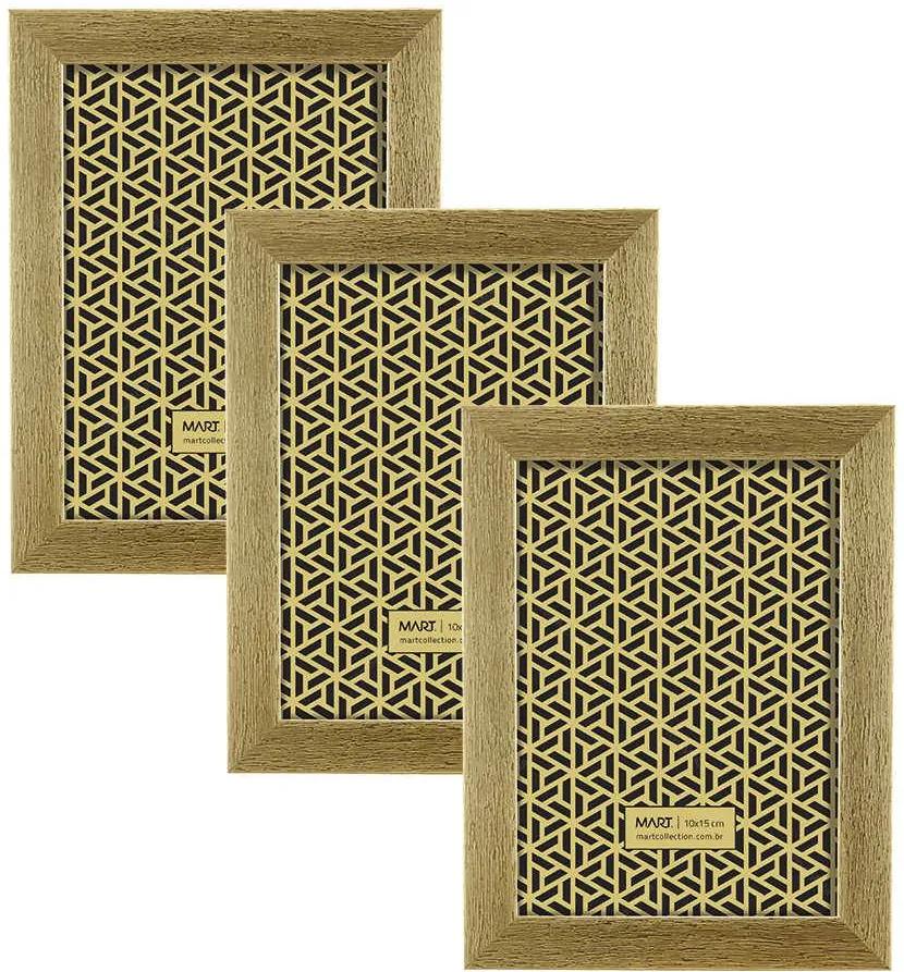 Conjunto 3 Porta-Retratos Dourados - Foto 10x15 cm - Efeito Escovado