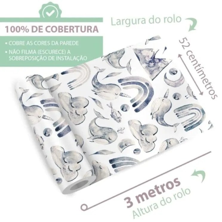 Papel Infantil Boho Autocolante Animais Natureza Branco Com Azul