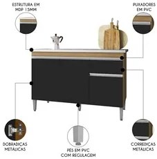 Balcão de Cozinha Com Pia Inox 120cm 1 Gaveta Tatiane Amêndoa/Preto -