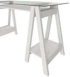 Mesa Escrivaninha 150cm Pés Cavalete Tampo de Vidro Cris A06 Branco -