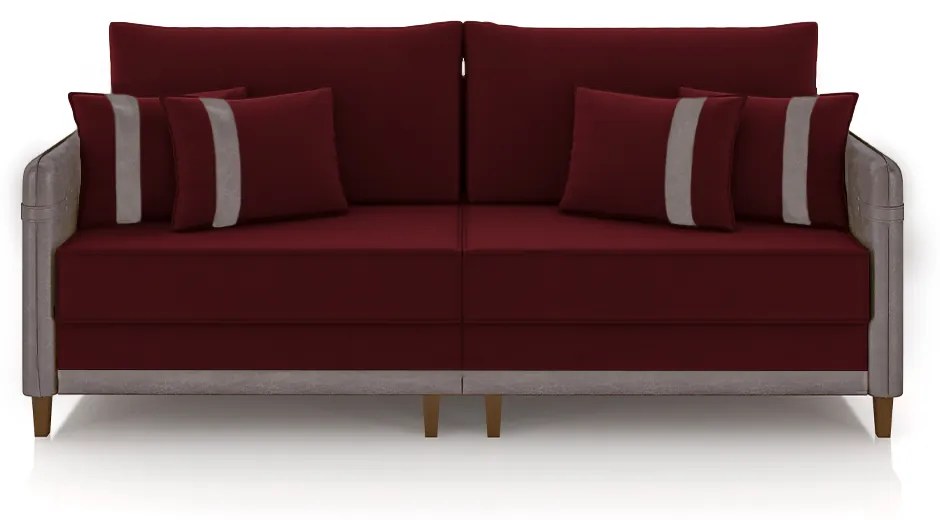 Sofá Living Montecarlo 3 Lugares Bipartido 232cm Pés em Madeira Veludo/PU Bordô/Cinza G33 - Gran Belo