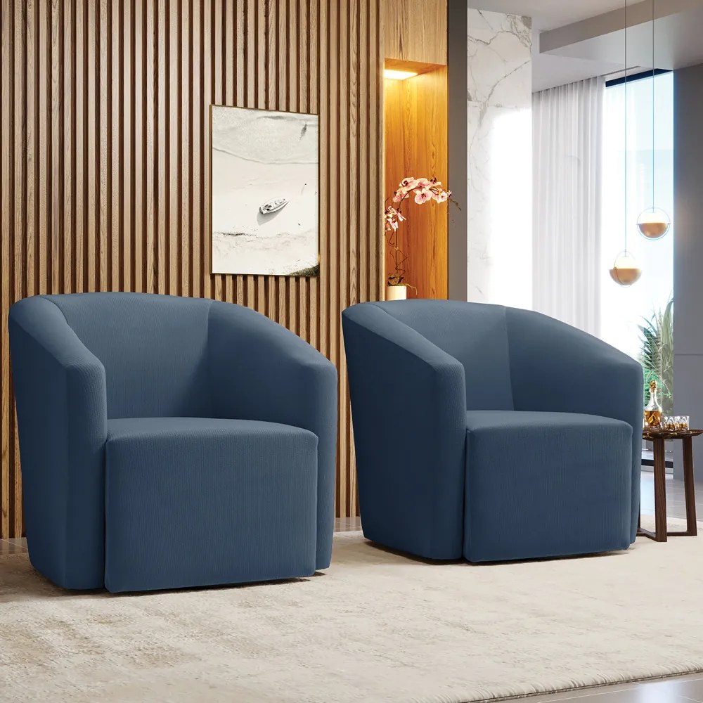 Poltrona Decorativa Base Giratória Kit 2 Stella Max Suede D03 - D'Rossi - Azul Marinho