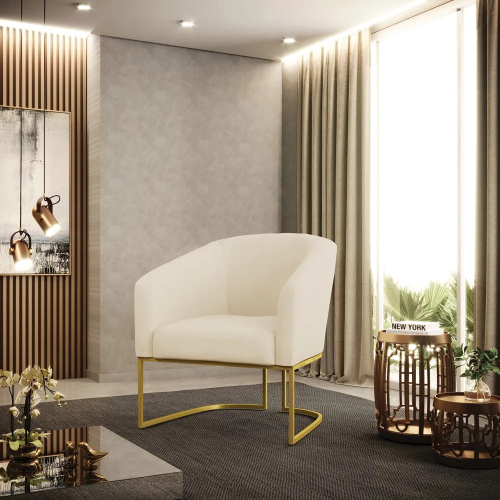Poltrona Decorativa Industrial Dourado kit 2 Stella Linho Bege D03 - D'Rossi