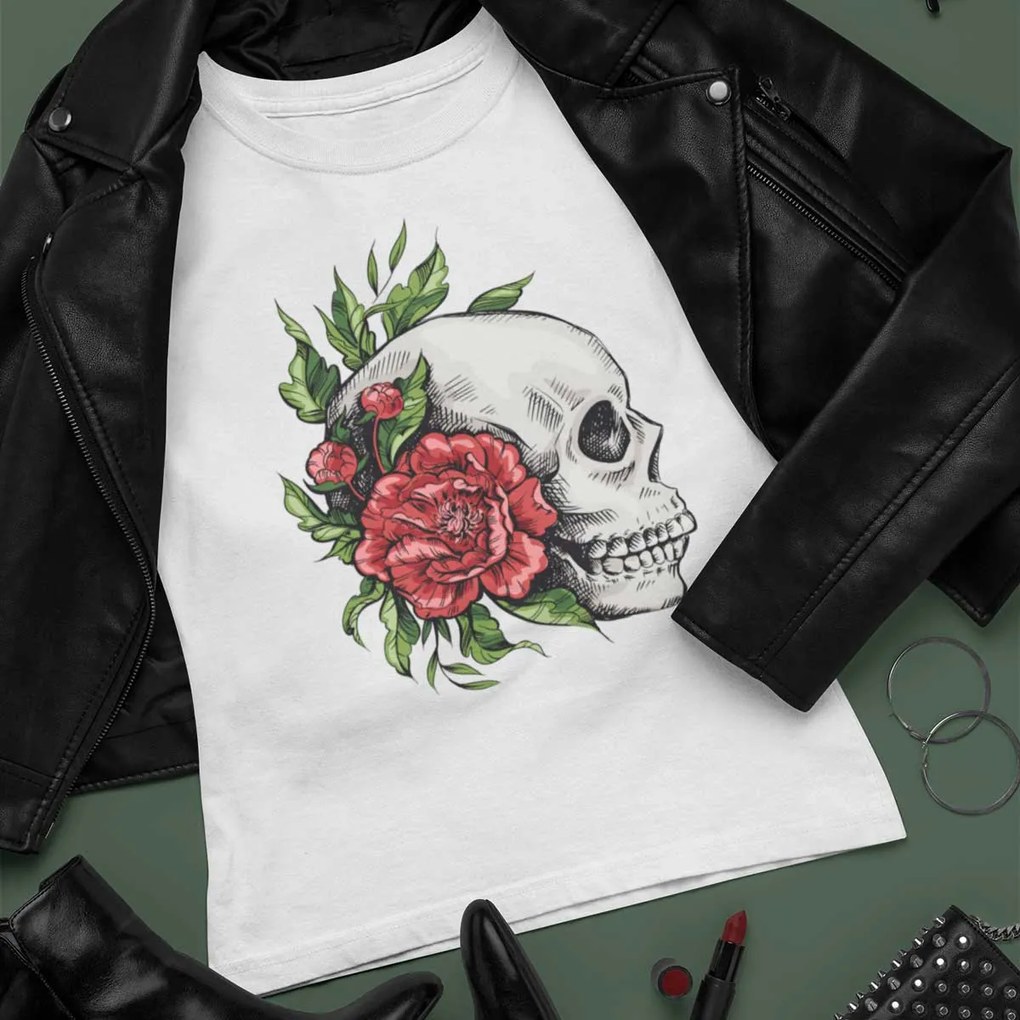 Camiseta Feminina Baby Look Caveira e Rosas Vermelhas - Cinza Chumbo - M