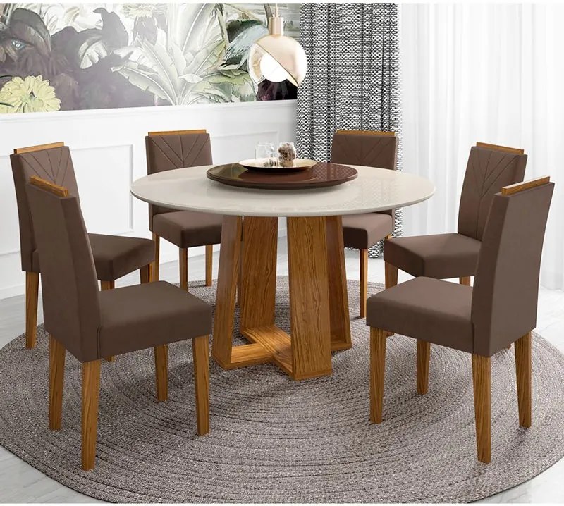 Conjunto Mesa de Jantar Isabela 135 cm 06 cadeiras Tampo Giratório MDF - Megasul - Marrom