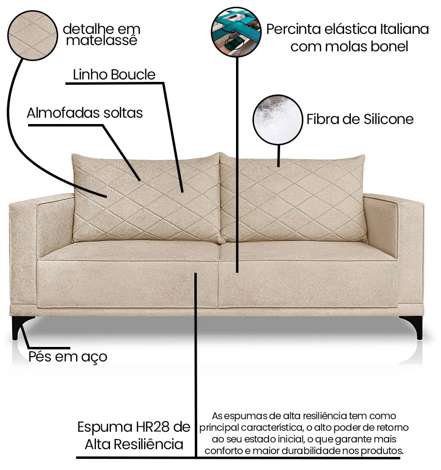 Sofá Living 2 Lugares com Pés de Ferro Almofadas Soltas 180cm Neso Bouclê Bege G63 - Gran belo