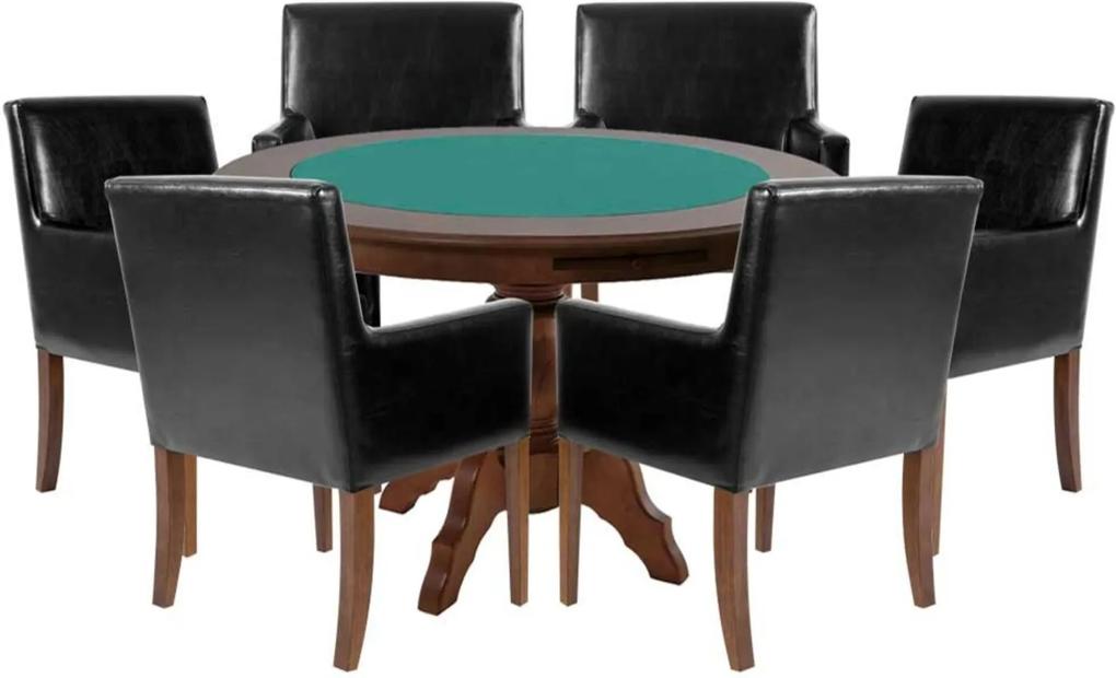 Mesa de Jogos Carteado Redonda Montreal Tampo Reversível Imbuia com 6 Cadeiras Liverpool Corino Preto Liso - Gran Belo