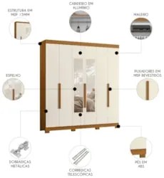 Guarda Roupa Casal 200cm com Espelho Viny A02 Off/Cinamomo - Mpozenato
