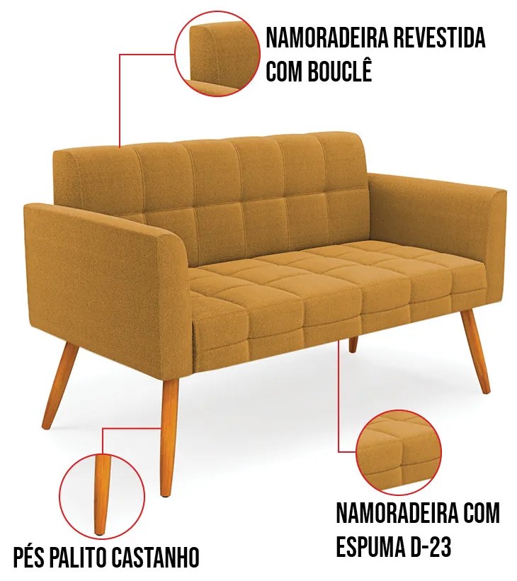 Namoradeira e 2 Poltronas Pé Palito Castanho Elisa Bouclê D03 - D'Rossi - Mostarda