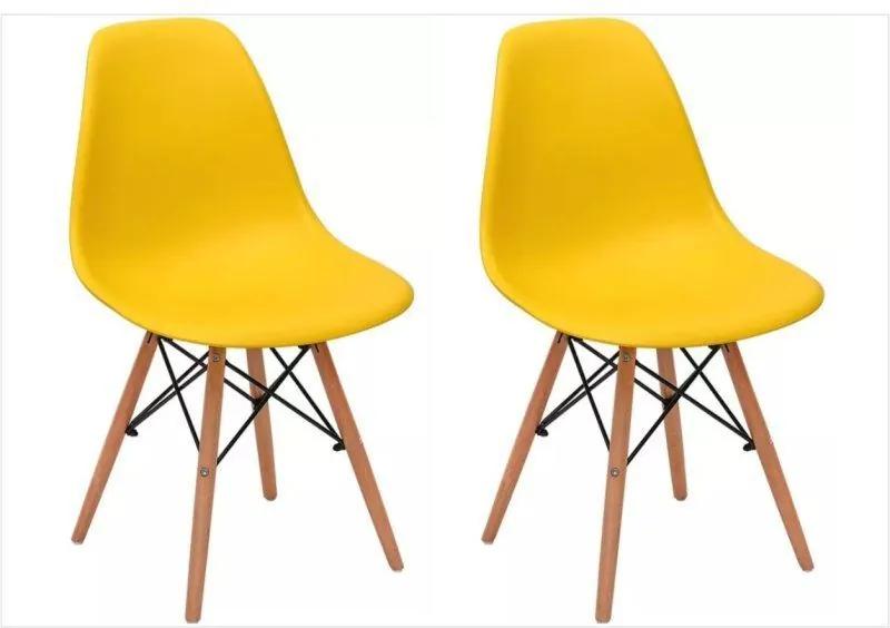 Kit 02 Cadeiras Eiffel Charles Eames em ABS Amarela com Base de Madeira DSW