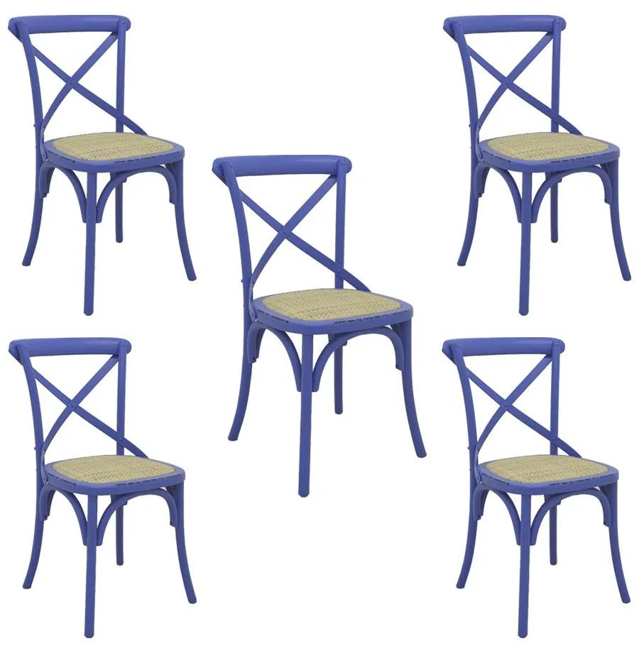 Kit 5 Cadeiras Decorativas Sala De Jantar Cozinha Danna Rattan Natural Azul G56 - Gran Belo