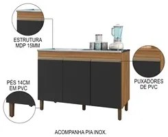 Balcão Gabinete Com Pia 120cm 3 Portas Karen P14 Nature/Preto Fosco -