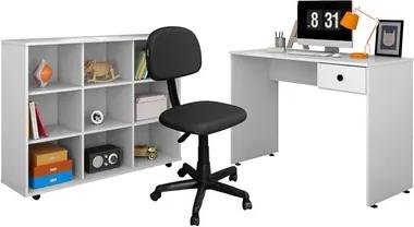 Mesa Escrivaninha Dubai Nicho Multiuso Amã Branco e Cadeira Giratória CS02 Preta - Mpozenato