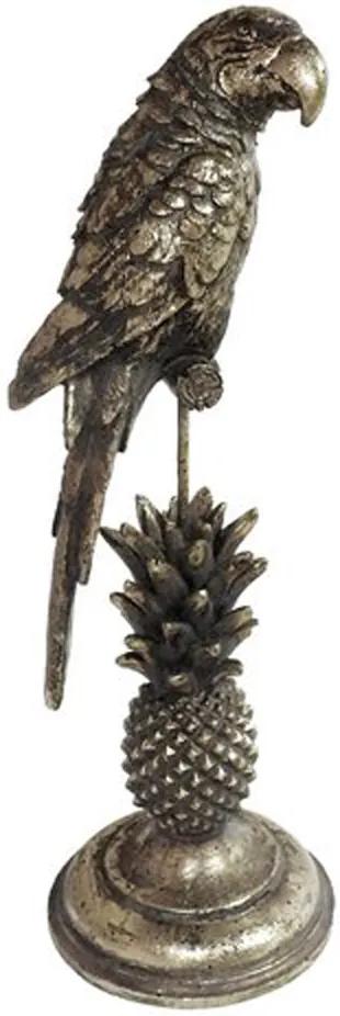Escultura Decorativa Prata em Formato de Pássaro com Abacaxi - 35x11x11cm