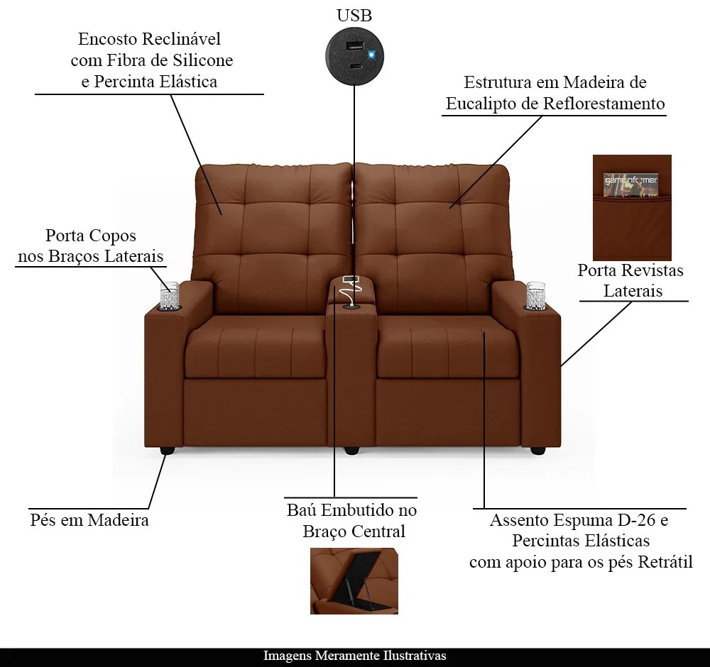 Poltrona Reclinável Para Cinema Parma 2 Lugares Baú USB Veludo Terracota FH1 - D'Rossi