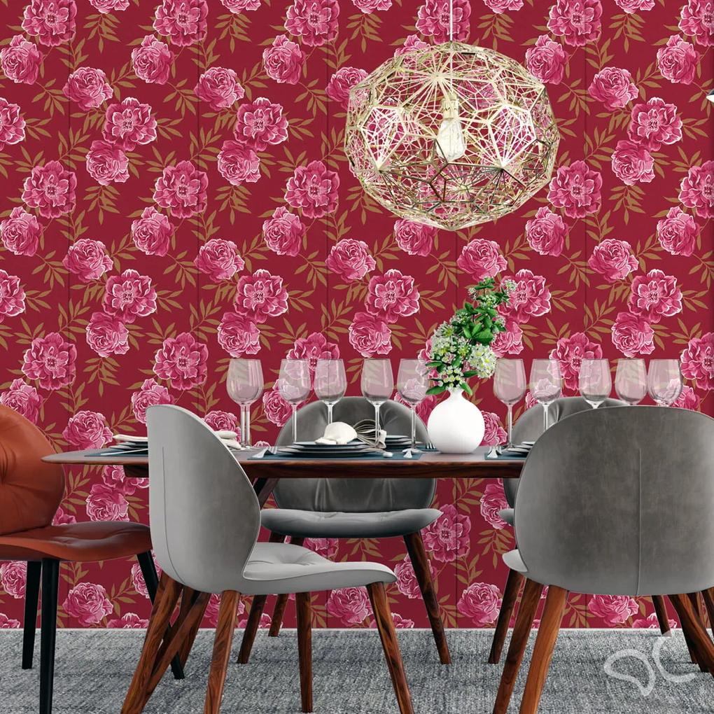 Papel de Parede Floral Linho Vermelho Rosa e Marrom 0.52m x 3.00m