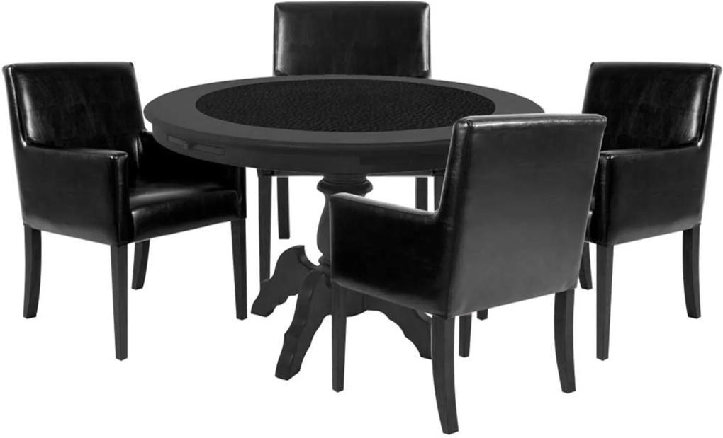 Mesa de Jogos Carteado Montreal Redonda Tampo Reversível Preto com 4 Cadeiras Liverpool Corino Preto Liso - Gran Belo