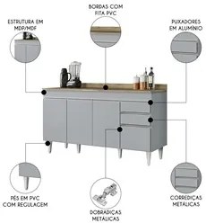 Balcão de Cozinha Para Pia 150cm com Tampo Marrocos Cinza Claro/Castan