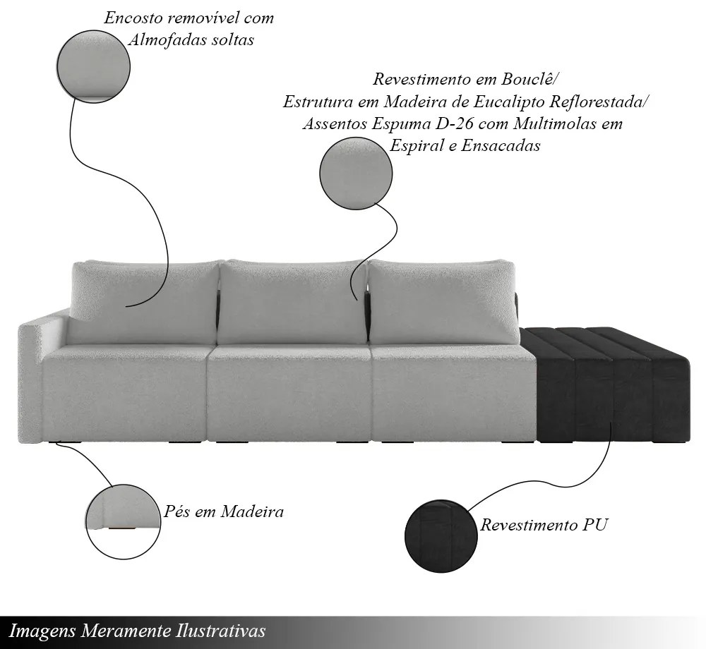 Sofá Ilha Modulado Milos 312cm Puff Lateral Cinza Preto Manchado Bouclê/PU G33 - Gran Belo