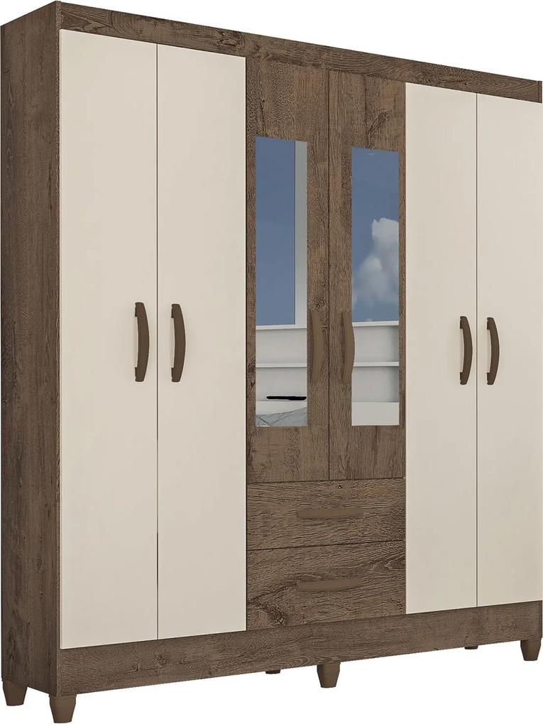 Guarda Roupa Real 6 Portas C/ Espelho Mocaccino Rústico/Natura Off White Atualle Móveis