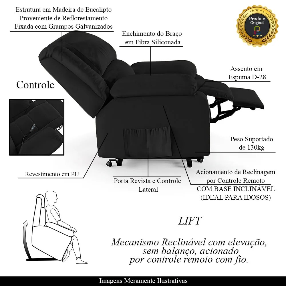 Poltrona do Papai Reclinável Melim Elevação Lift Elétrico PU Preto F FH1 - D'Rossi