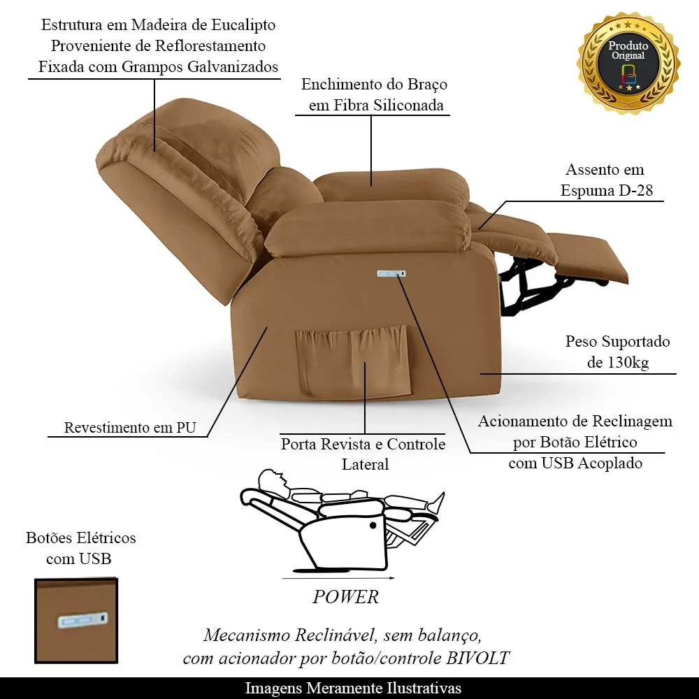 Poltrona do Papai Reclinável Melim Elétrica LED PU Caramelo FH1 - D'Rossi