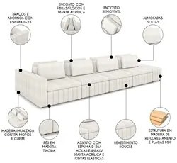 Sofá Ilha e Puff Sala Living 425cm Siesta M22 Bouclê Bege Claro - Mpoz