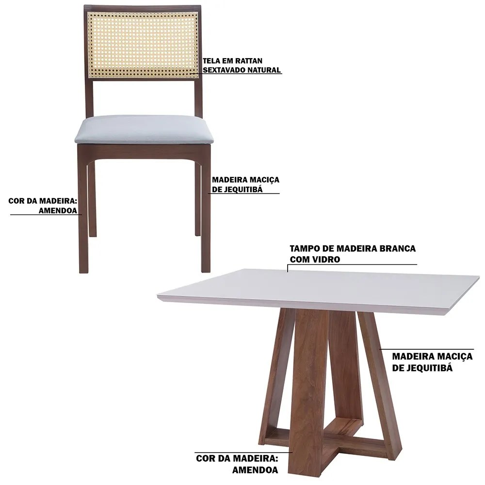 Conjunto Mesa Sala de Jantar c/Tampo de Vidro Shell 160x90cm com 6 Cadeiras Madeira Maciça Nivea Tela Rattan Sextavano Linho Cinza/Amêndoa G55 - Gran