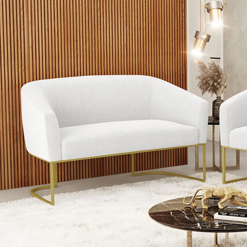 Sofá 2 Lugares Namoradeira Industrial Dourado Stella Bouclê D03 - D'Rossi - Off White