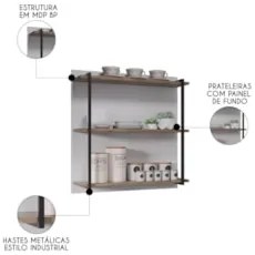 Prateleira Industrial Cozinha Tripla com Painel Flora M24 Branco/Freij