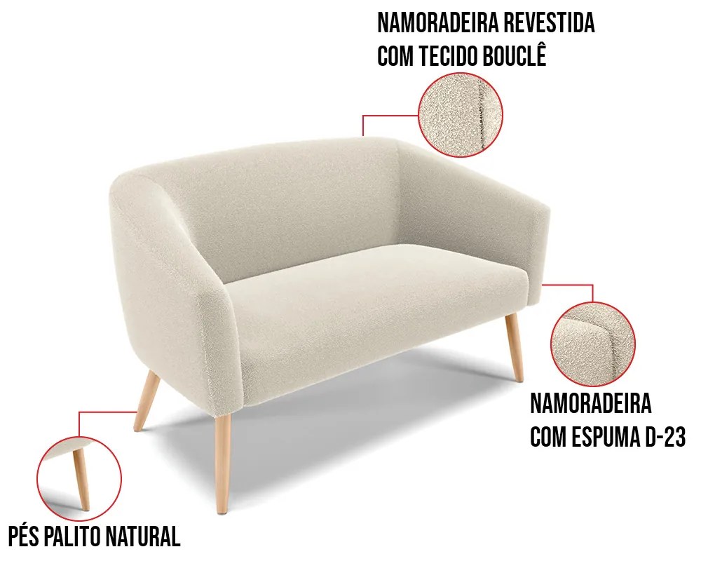 Sofá 2 Lugares Namoradeira Pé Palito Natural Stella Bouclê D03 - D'Rossi - Bege