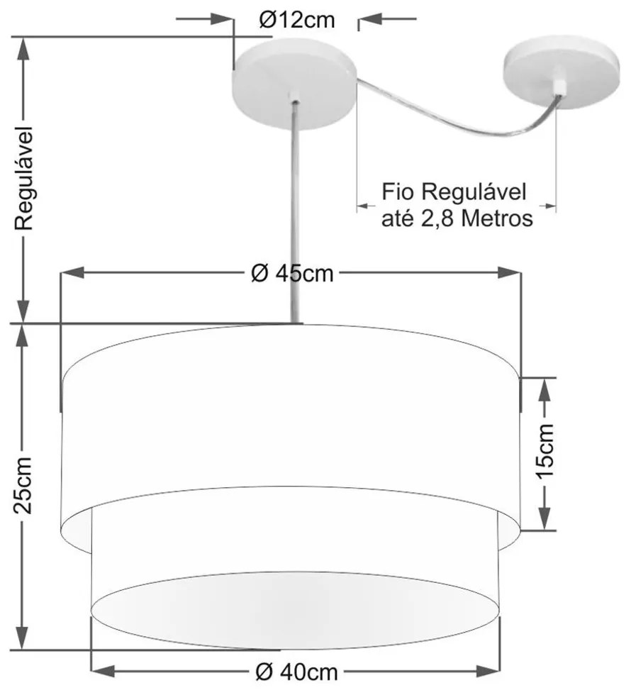 Lustre Pendente Duplo Cilíndrico Com Desvio de Centro Vivare Md-4360 Cúpula em Tecido 45x40cm - Bivolt