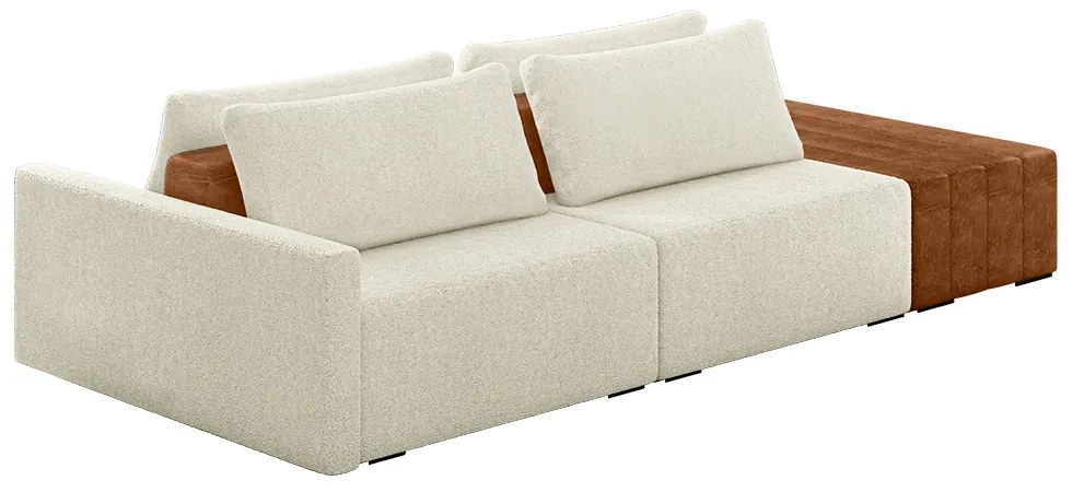 Sofá Ilha Modulado Milos 252cm Puff Lateral OffWhite Caramelo Manchado Bouclê/PU G33 - Gran Belo