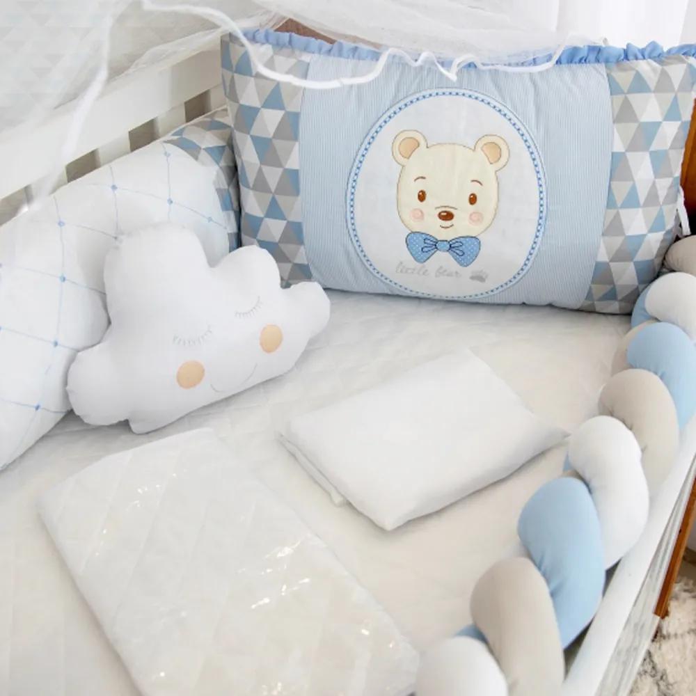 Kit Berço 9 Peças Bordado Urso Nuvem Trança Azul e Branco Coleção Baby Boy