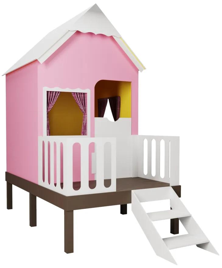 Casinha de Brinquedo Artesanal Rosa com Cercado e Escada Telhado Branco L12 - Gran Belo