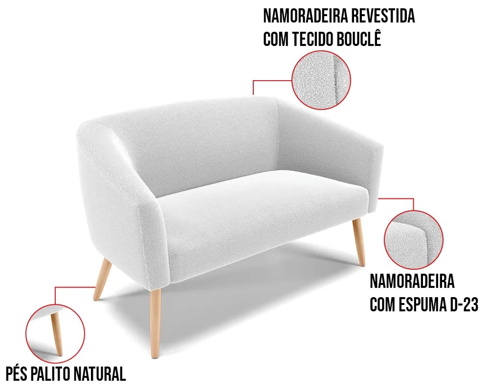 Namoradeira e 2 Poltronas Pé Palito Natural Stella Bouclê D03 - D'Rossi - Off White