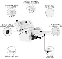 Poltrona do Papai Reclinável Kalie Manual Gatilho FH9 PU Branco - Mpoz